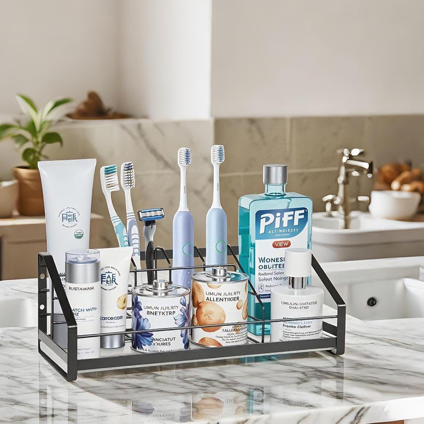 Toothbrush Holder with Instant Drying Diatomite Base – Bathroom Countertop Organizer for Electric Toothbrush, Toothpaste, Sink Accessories – Waterproof Steel Toothbrush Stand for Bathroom Vanity