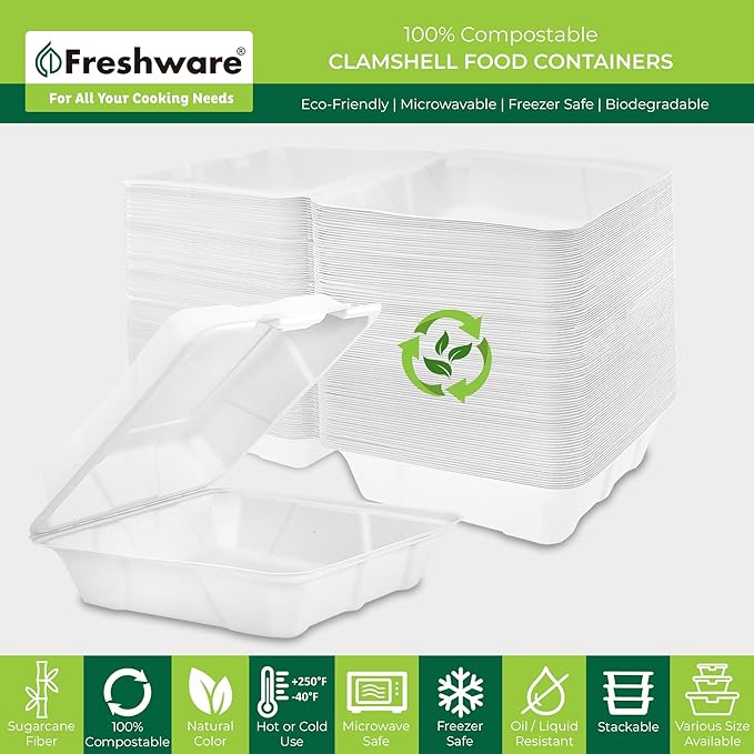 Freshware Compostable 9x9" Clamshell Take Out Food Containers