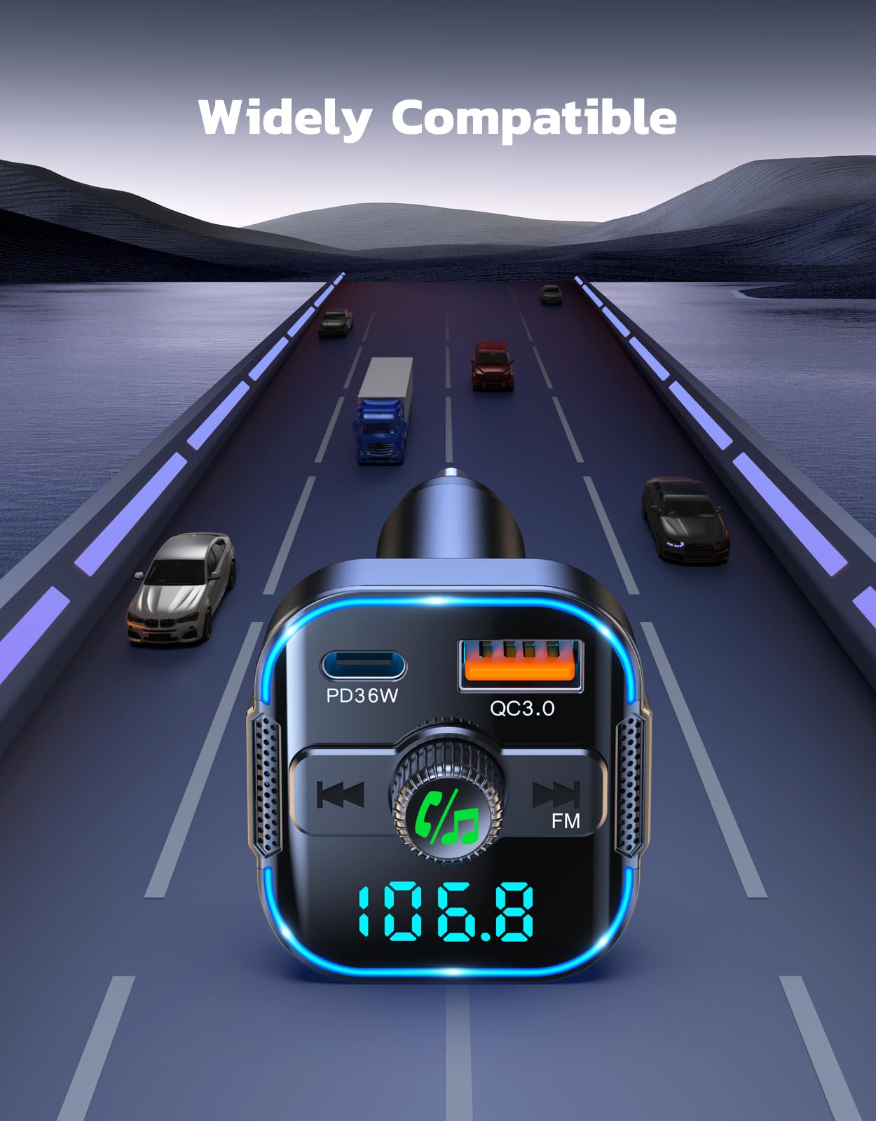Glangeh 2025 Newest Bluetooth 5.3 Car Adapter【PD 36W+QC3.0 18W】, 2-in-1 Bluetooth FM Transmitter 【Dual Stronger Mics】& Fast Car Charger, Wireless Car Radio Input Adapter Hands-Free Kit, Siri Assistant