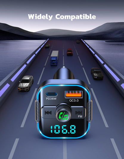 Glangeh 2025 Newest Bluetooth 5.3 Car Adapter【PD 36W+QC3.0 18W】, 2-in-1 Bluetooth FM Transmitter 【Dual Stronger Mics】& Fast Car Charger, Wireless Car Radio Input Adapter Hands-Free Kit, Siri Assistant