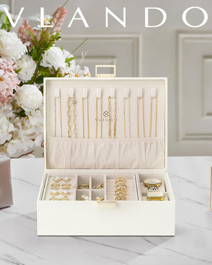Vlando Jewellery Box, 2 Layer Jewellery Organiser with Watch Pillow, Jewellery Storage Case for Necklace,Bracelets, Earring Storage Organiser, Gift for Women,White