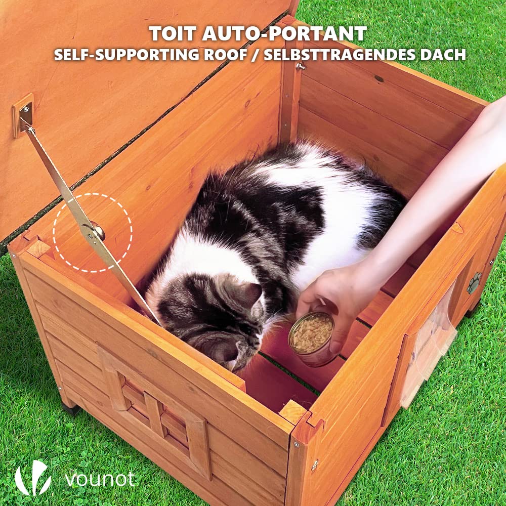 VOUNOT Cat House Outdoor with Kennel Door Privacy Window Cat Wooden Shelter 57x45x43cm