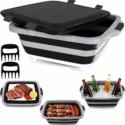 BBQ Prep Tub with 2 Pcs Meat Shredder Claws, Collapsible Cutting Board, Cutting Board with Locking Lids, Drip Easy BBQ Prep Tub with lid-XL Size (Black)