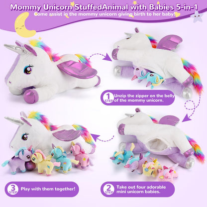 gnomantic 5 Pieces Unicorn Stuffed Animals - 1 Mommy Stuffed Unicorn with 4 Babies - Unicorns Gifts for Girls Ages 3 4 5 6 7 8, Unicorns Plush Toys for Christmas, Valentine's, Birthday Gifts (Purple)