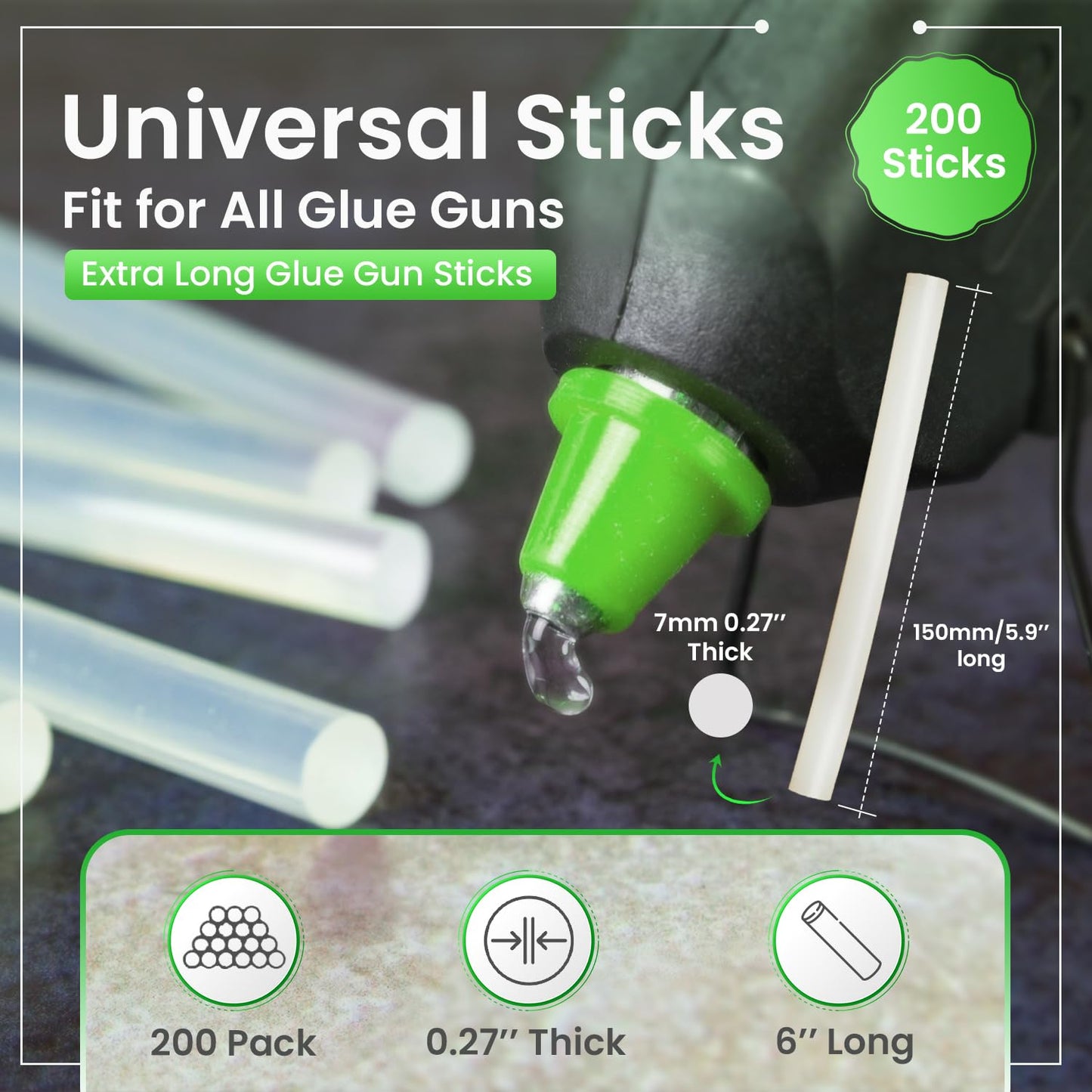 brackit 200 Pack Extra Long Hot Glue Sticks, 7mm x 150mm - Bulk Pack Non-Toxic for Gun Refill Craft DIY - One Size Fits Most