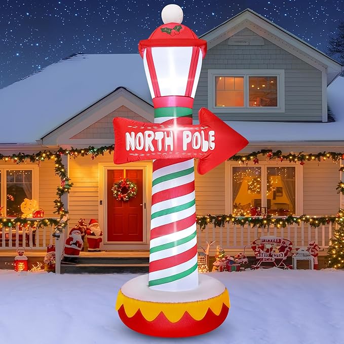 FunFanso 6FT Christmas Inflatables North Pole Road Sign Outdoor Decoration, Blow Up Street Lamp with Built-in LED Lights, Santa Claus Arctic Road Sign for Holiday Display Lawn Garden Yard Xmas Decor