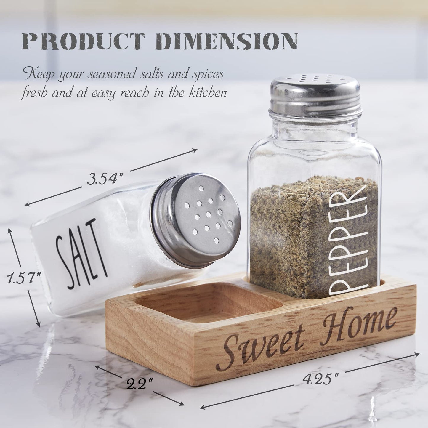 Glass Salt and Pepper Shakers with Holder - Dopeca Clear Salt and Pepper Set with Wood Caddy for Kitchen Counter or Table - Kitchen Decor and Accessories for Wedding Gifts - Easy Refilling-2.7 oz