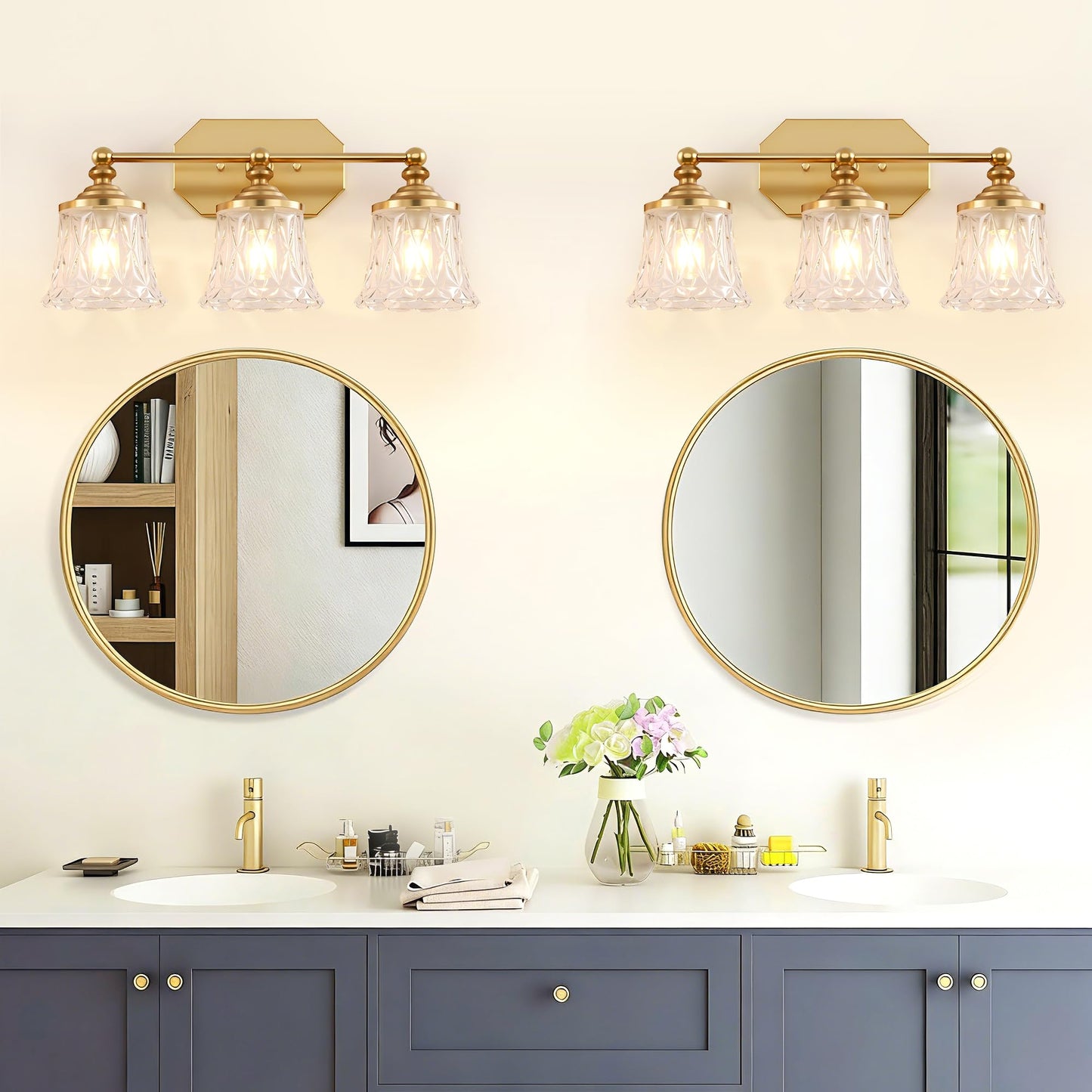 EvmVom Vintage Bathroom Vanity Light Fixtures, Gold 3-Light Vanity Light, Antique Bathroom Lighting Fixtures Over Mirror with Crystal Glass Shade, Vanity Lights for Bedroom Living Room Hallway