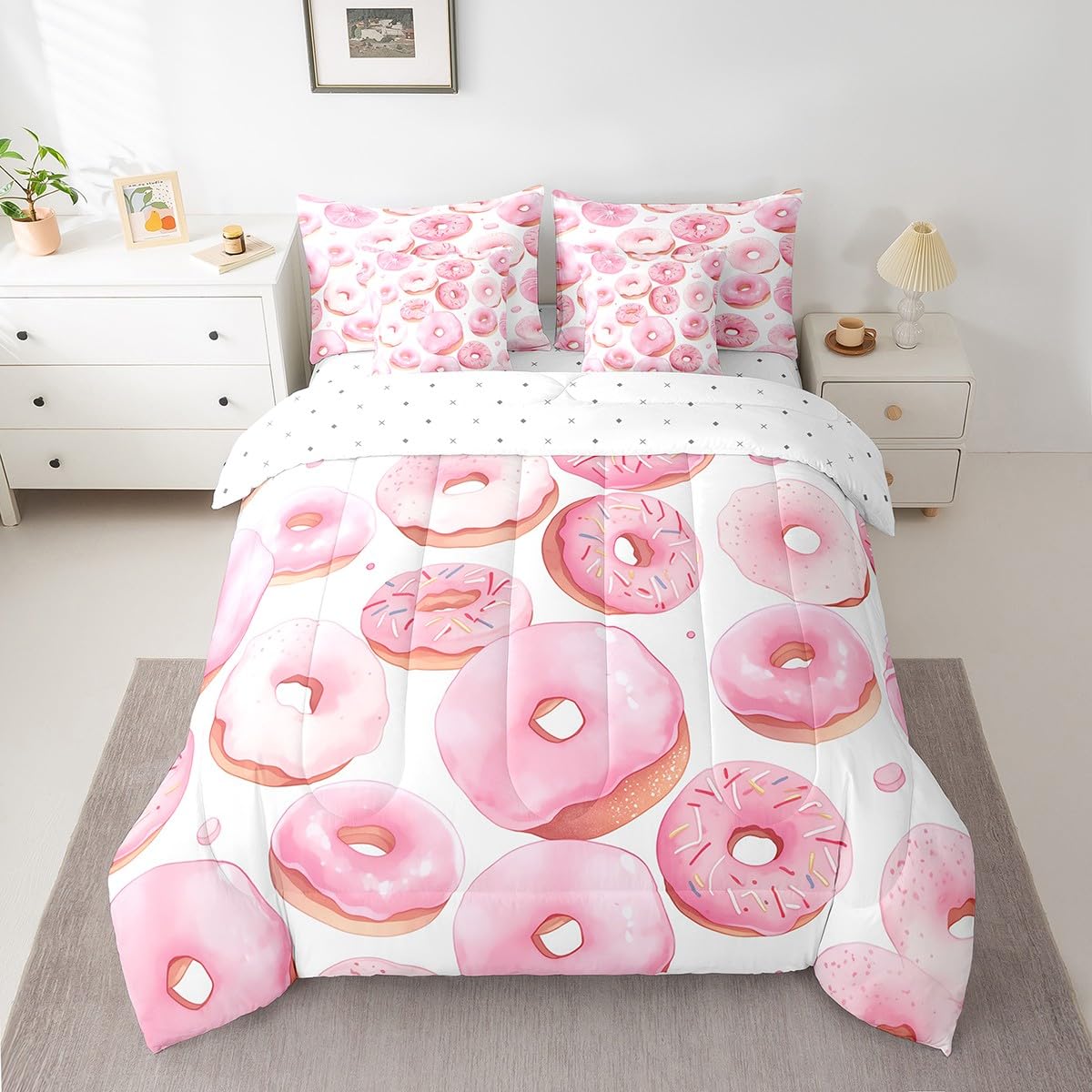 Erosebridal Cartoon Full Comforter Set 7-Piece Queen Dessert Cake Bedding Sets,White and Pink Bed in A Bag for Kids Girls Cartoon Style Bed Sheets Set Lightweight Soft Room Decor with 2 Pillowcase