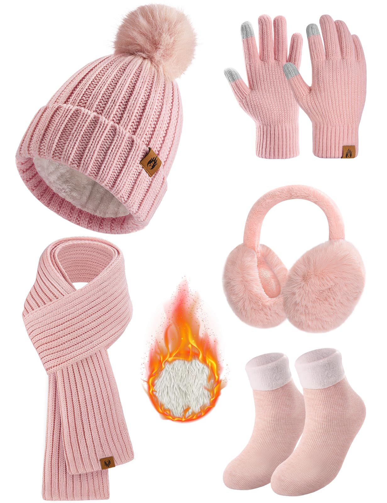 Yusongirl Winter Women Scarf Gloves Beanie Ear Muffs Socks Set Cold Weather Warm Knit Hat Fleece Long Neck Warmer 5 in 1 Set(Pink)