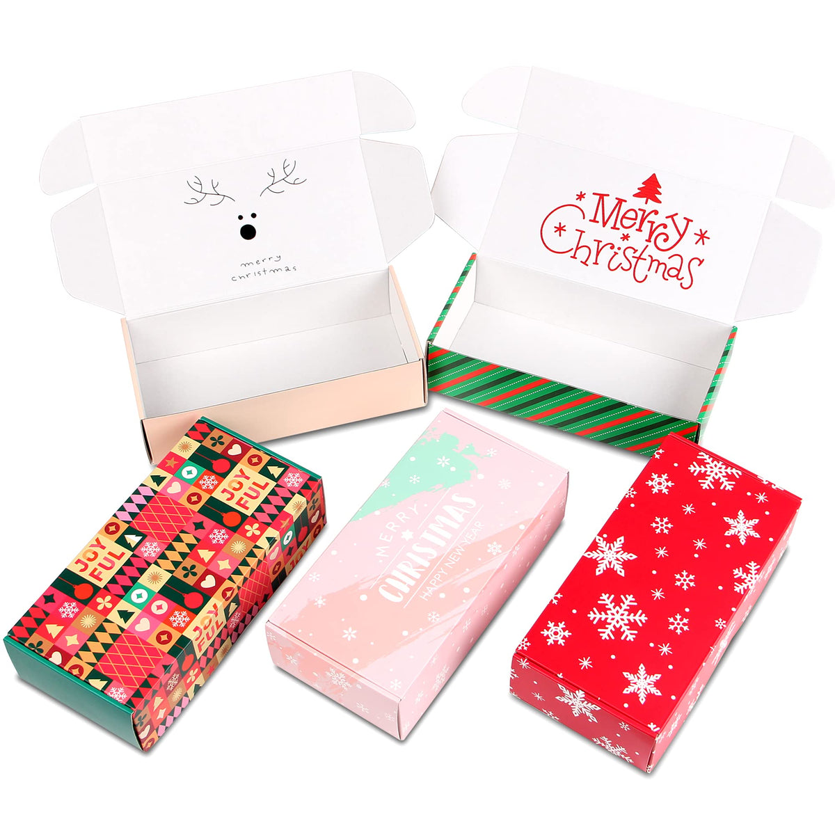 TONESPAC 25 Pack 8x4x2 inch Small Christmas Gift Box with Lid, Recyclable Corrugated Cardboard Shipping Boxes for Small Business,Gift Packaging,Specially Designed Box. (8"x4"x2",Xmas Mix Pattern)