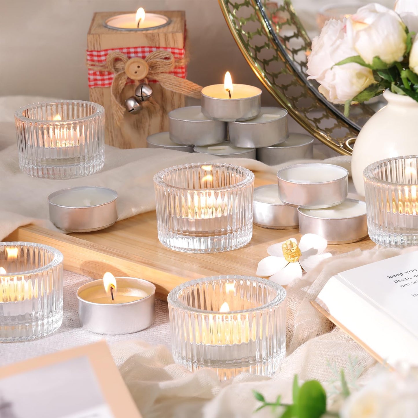 HAVITI 36 Pcs Clear Tealight Candle Holders with 36PCS Tea Lights Candles, Glass Votive Candle Holders Set for Table Centerpiece, Home Decor and Party Supplies