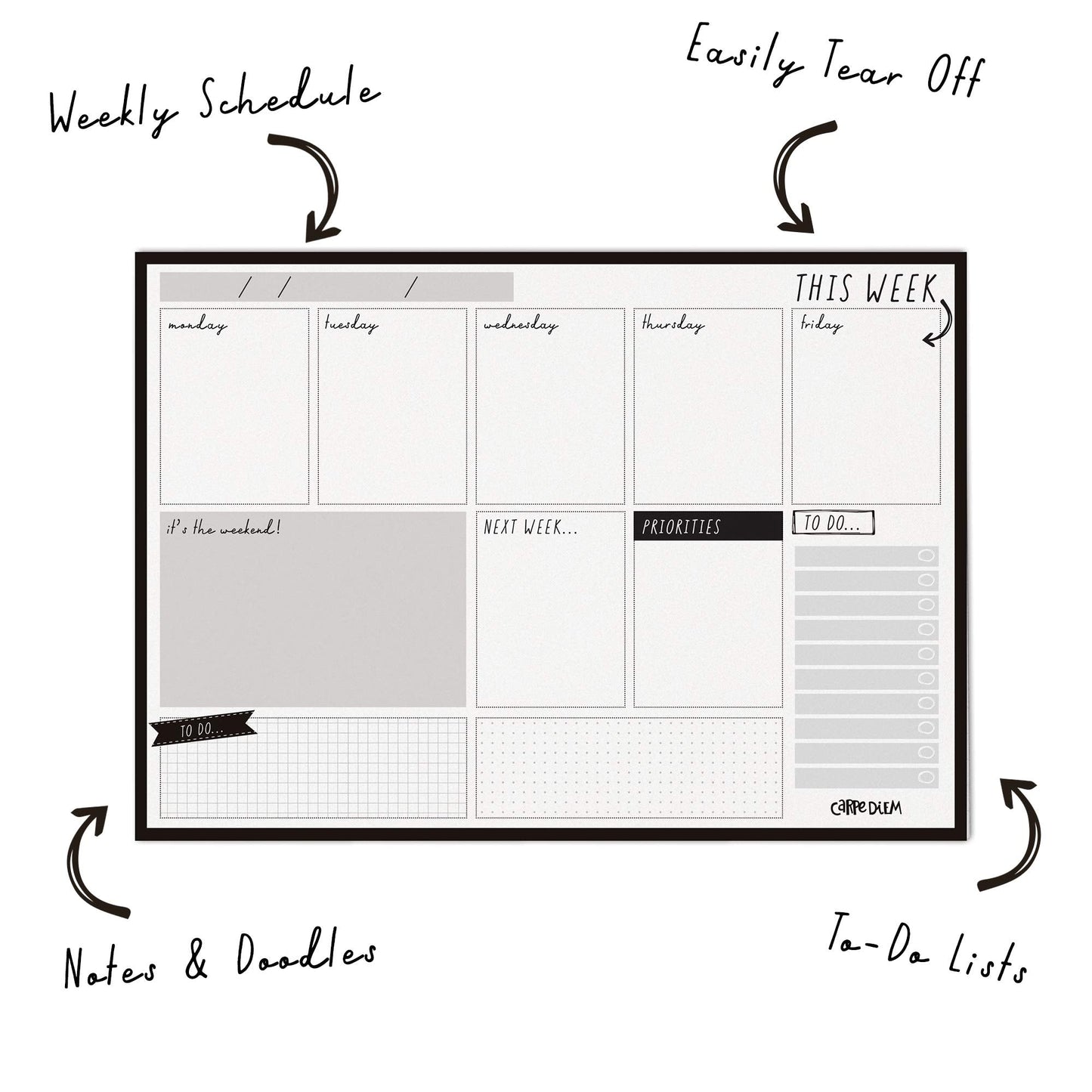Pukka Pad Carpe Diem Weekly Planner Pad for Daily Organization, Scheduling, & Appointments - Includes To-Do List, Weekend, & Priority Sections, 60 Sheets Tear-Off Sheets, 11.7 x 8.3in, Black