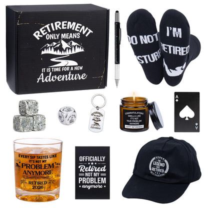 Ithmahco Retirement Gifts for Men 2026, Retirement Gift for Men, Funny Retired Gifts Includes Whiskey Glass Set Candles Hat Socks Pen Bottle Opener Keychain Dice for Dad, Coworker, Boss, Grandpa