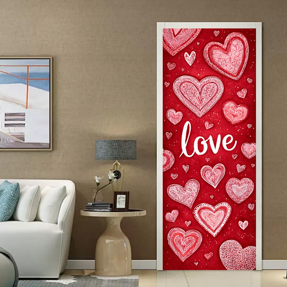 WDESYADMS Valentine’s Day Door Sticker 30.3x78.7 Inch PVC Self Adhesive Red Heart and Love Design Peel and Stick Decorative Door Decal for Bedroom Living Room Entryway Romantic Decor
