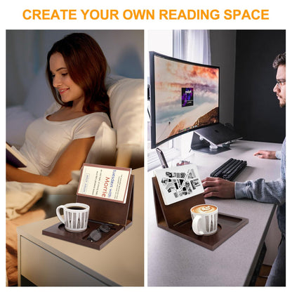 Book Reading Nook Valet with Cup Holder - Wooden Triangle Nightstand Book Stand Holder for Page Rest