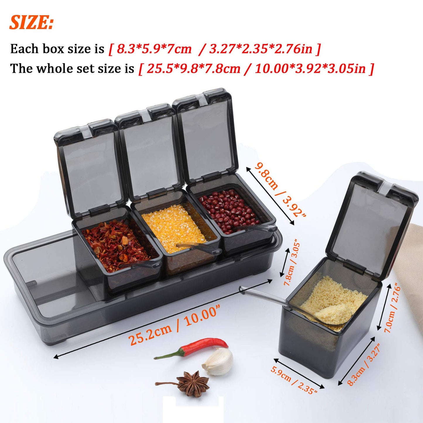 V·RESOURCING [ New Version Elegant Black Seasoning Box, 4 Pieces Seasoning Storage Container Cruet for Home Kitchen,Condiment Jars with Cover and Spoon for Pepper Spice Salt Sugar Storage