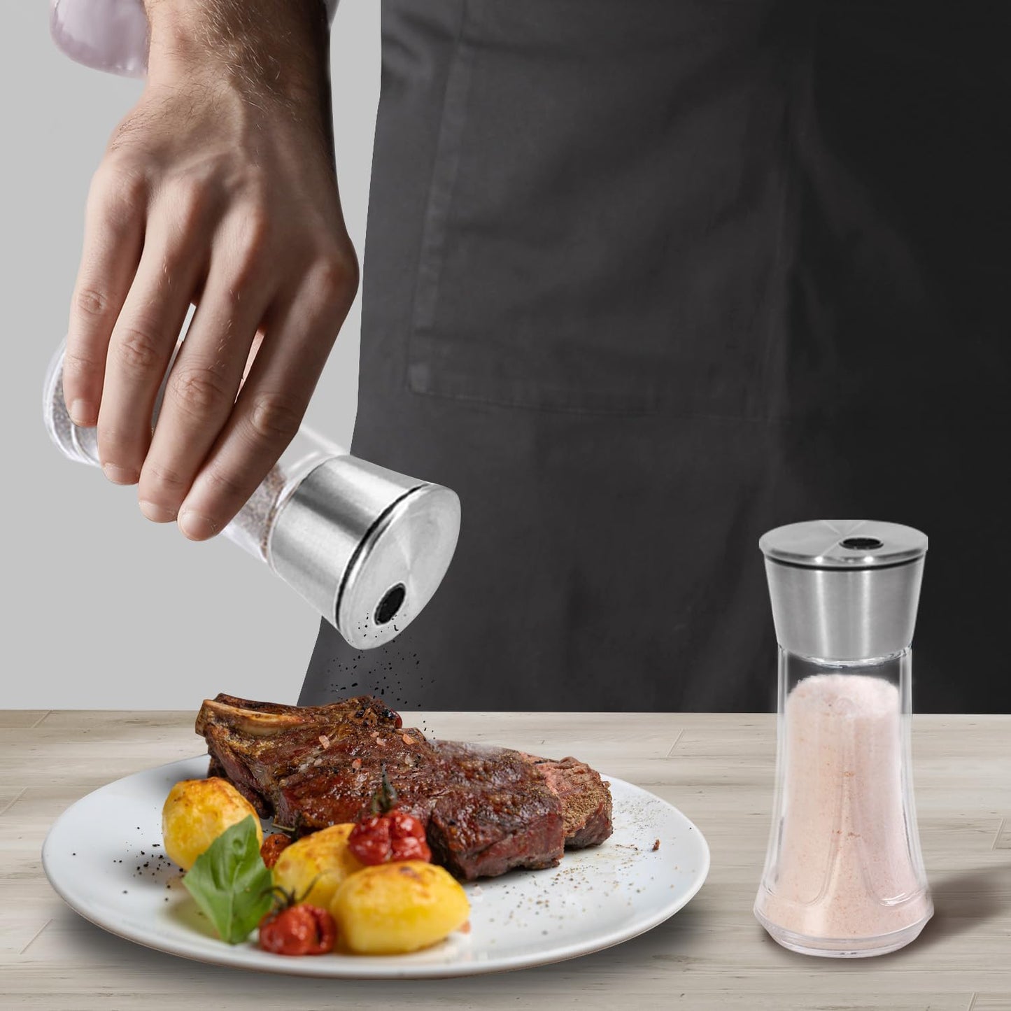 Adjustable Salt Pepper Shakers Glass - 4 OZ Spice Dispenser with Stainless Steel Lid for Kitchen, Cooking & BBQ Use