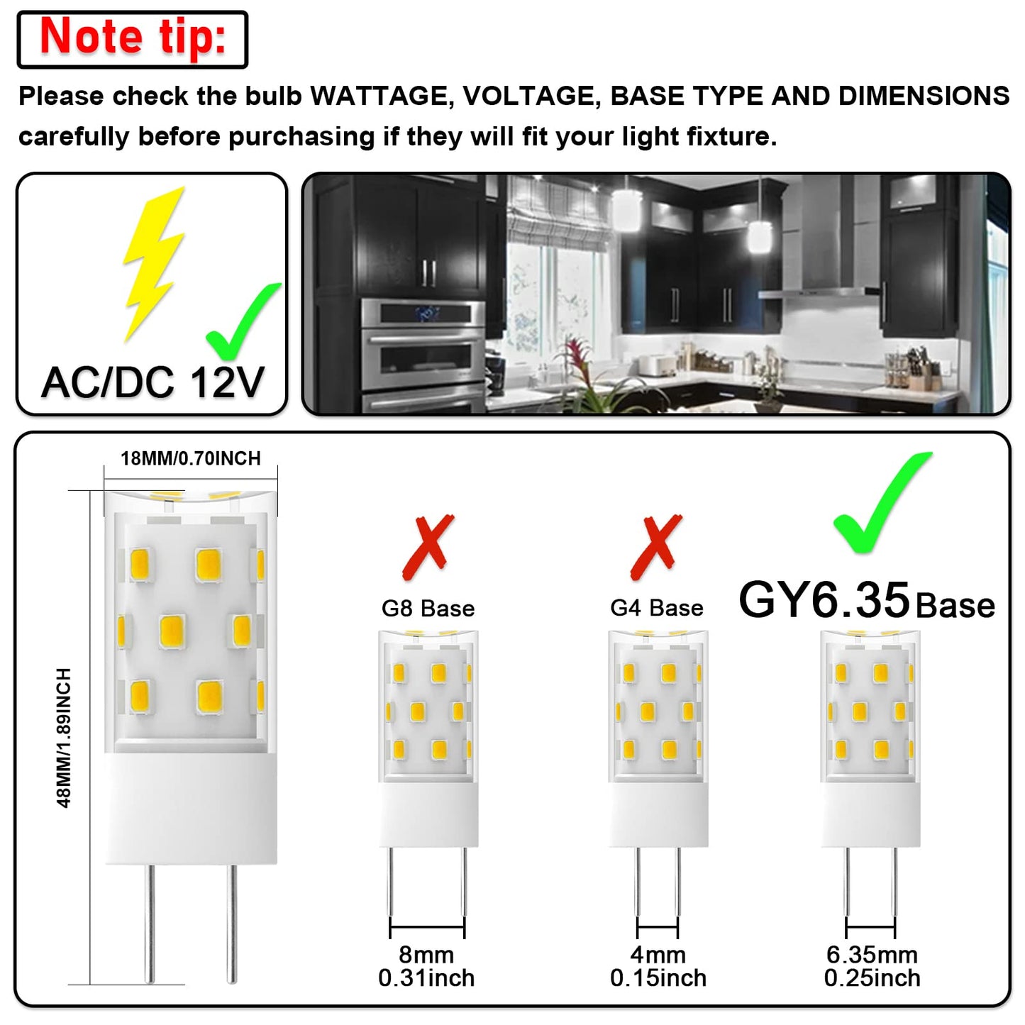 GY6.35 LED Bulb 5W Equivalent to 50W Bi-pin Base Halogen Bulb, AC/DC 12V Daylight White 6000K for Pendant Light, Chandelier, Desk Light, Accent Lights, Landscape Lighting, Non-Dimmable (4 Pack)