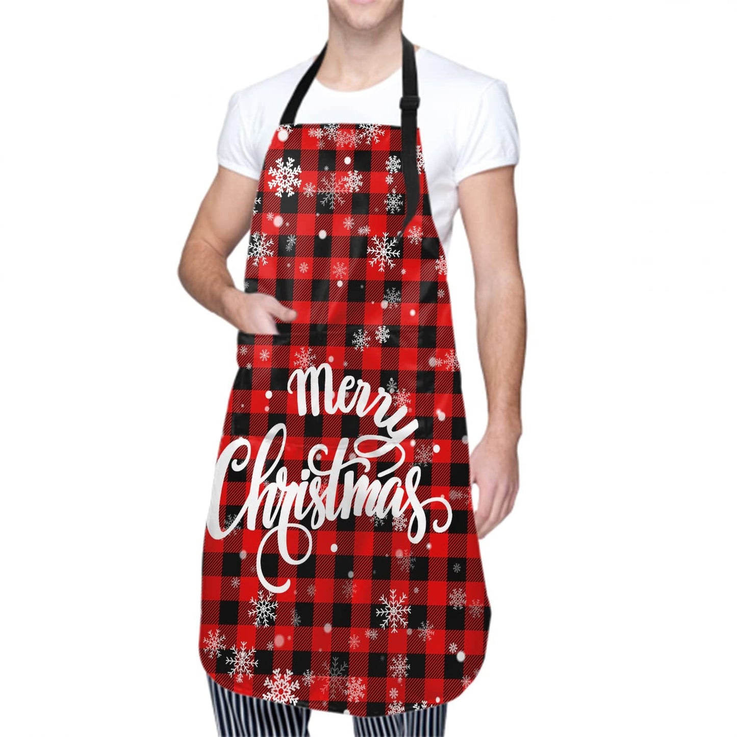 Kawani Merry Christmas Cooking Apron, Red and Black Buffalo Plaid Apron With 2 Pockets and Adjustable Neck Strap, Waterproof Chef Kitchen Holiday Apron for Cooking Gardening 33x28 in