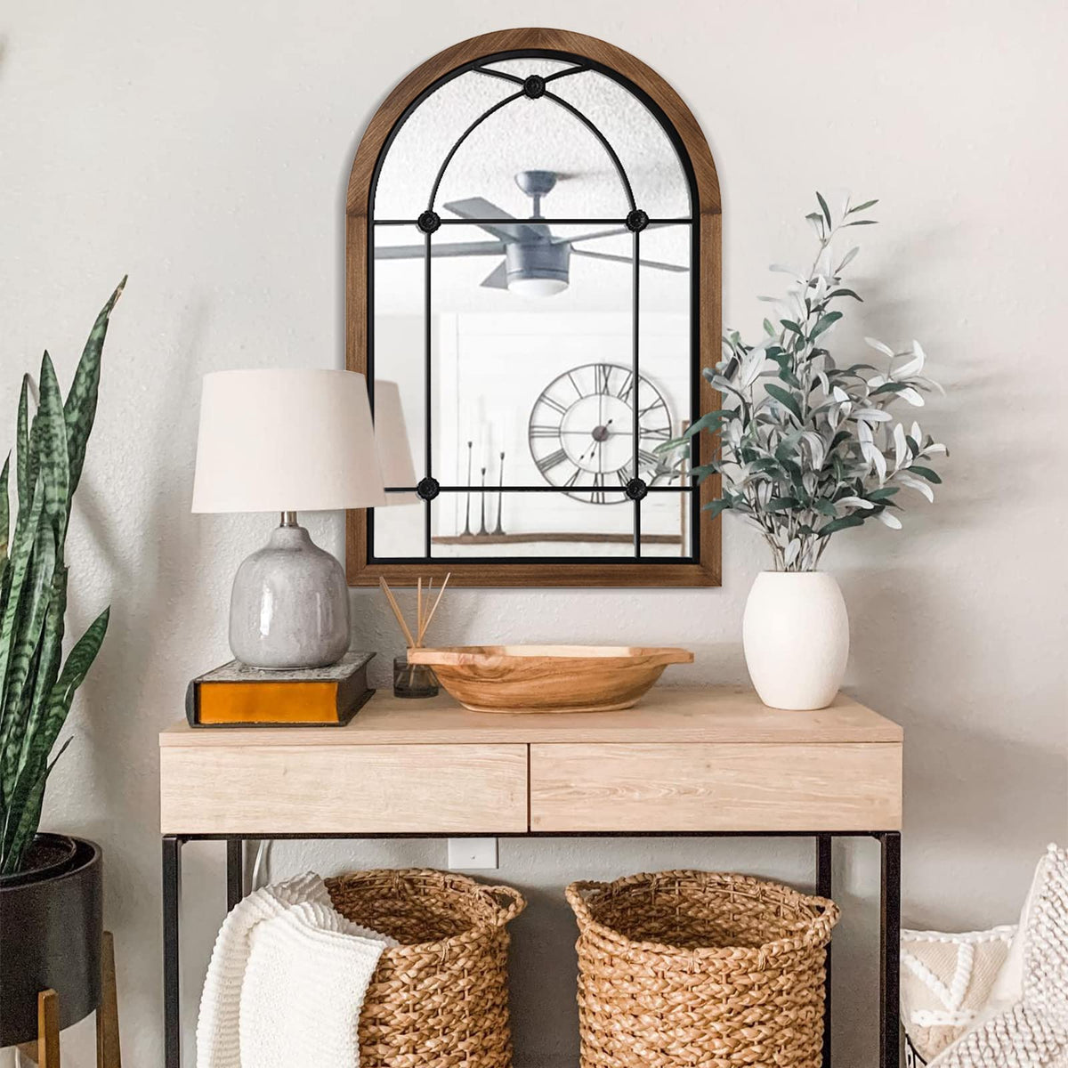 blue page 36x24 Inch Arched Wall Mirror with Rustic Wood Frame, Farmhouse Window Pane Mirror for Entryway, Bathroom Vanity and Living Room Decor, Dot Brown