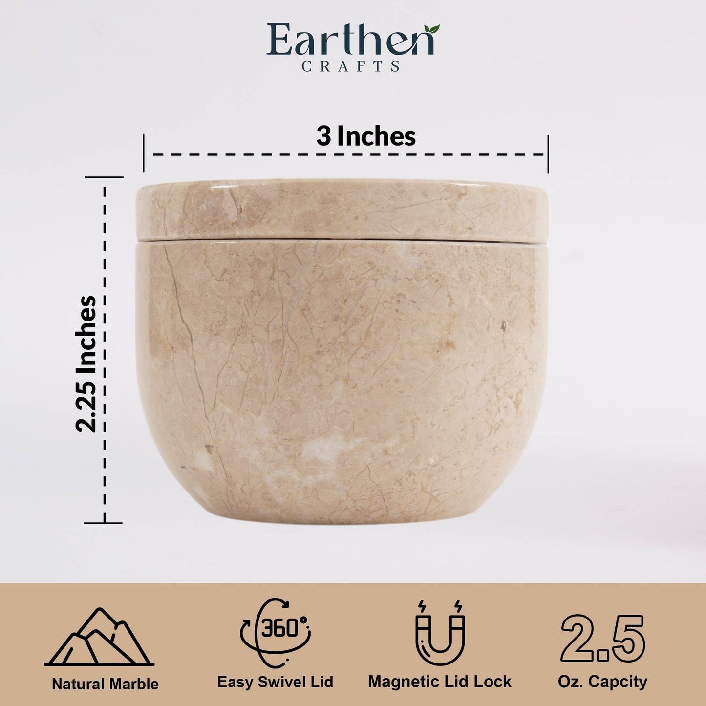 EARTHEN CRAFTS Marble Salt Cellar with Swivel Lid 3 Inch Beige Stone Mini Salt Box for Kitchen Counter with Magnetic Closure, 2.5 OZ Capacity, Ideal for Kosher Salt and Gourmet Seasonings
