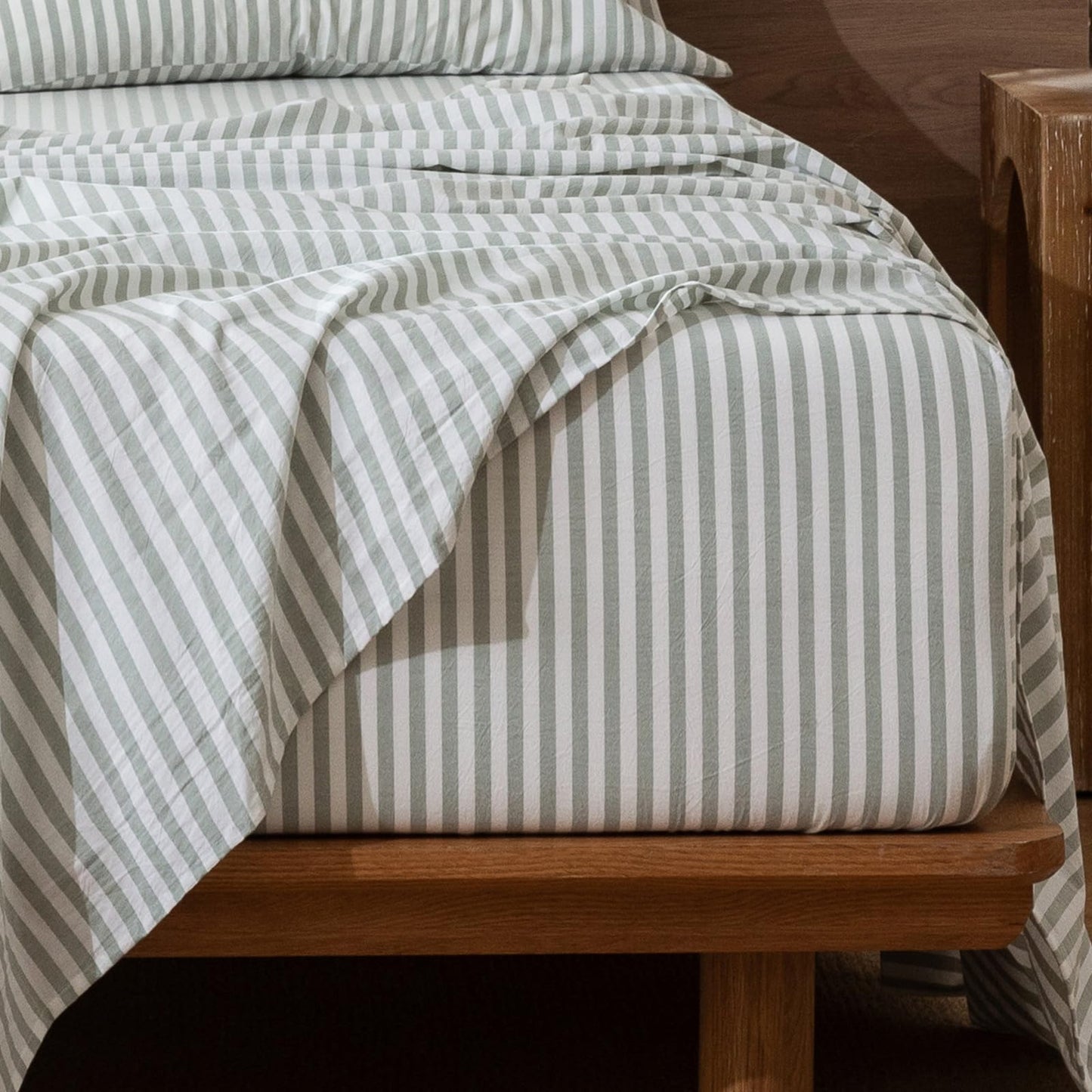 MooMee Striped Fitted Bottom Sheet Only 100% Washed Cotton Linen Like Textured Breathable Durable Soft Comfy Deep Pocket Fits Mattress up to 17" (Sage Green White Classic Stripes, Queen)