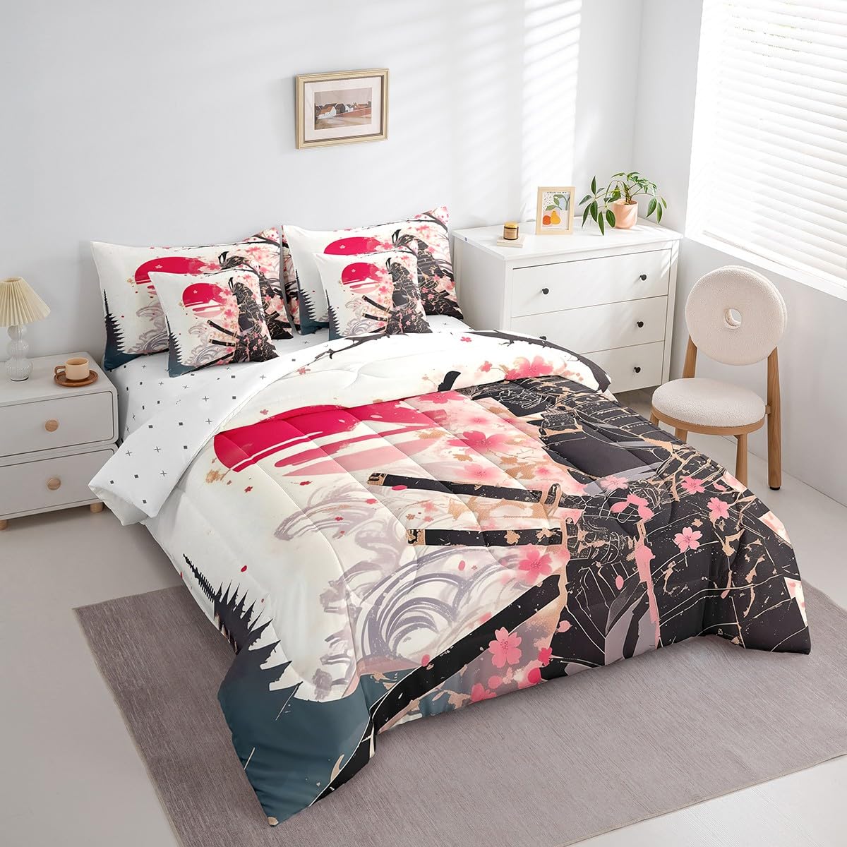 Erosebridal Japanese Samurai Queen Comforter Set,Pink Cherry Blossom Bedding Set with Sheets,Oriental Theme Bed Set 7 Piece for Kids Boys Men,Aesthetic Floral Bed in a Bag with Fitted+Flat Sheet