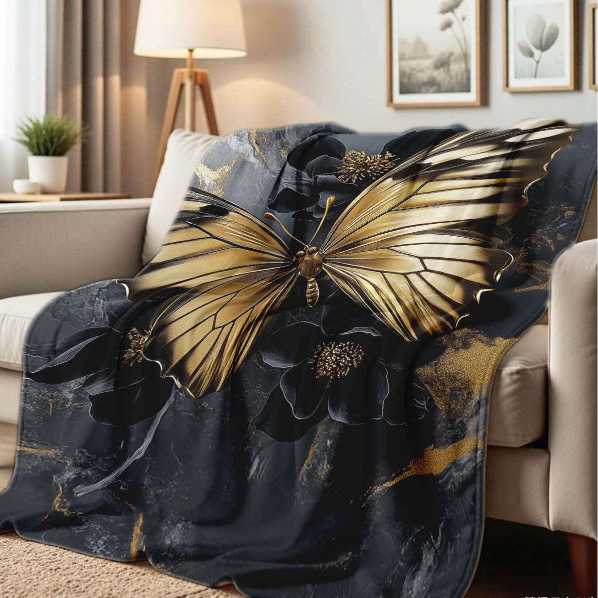 HUNXIAOJ Printed Bed Blanket Black Gold Butterfly Throws Soft Flannel Blanket Butterfly Love Gifts Butterflies Decor for Couch Bed (59"x78")