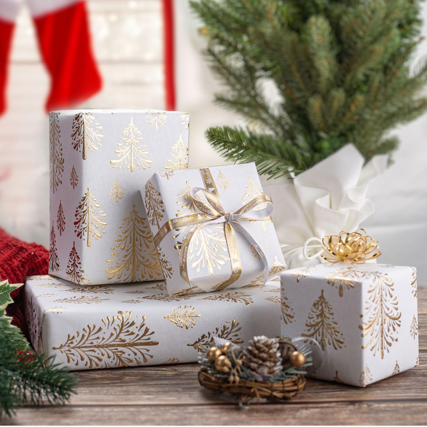 Flyhill Kraft Christmas Wrapping Paper,White Gold 3D Embossed Foil Christmas Tree with Woodlands Wrap Paper for Holiday, Party,Celebration, New Year (17 Inch X 32.8 Feet)