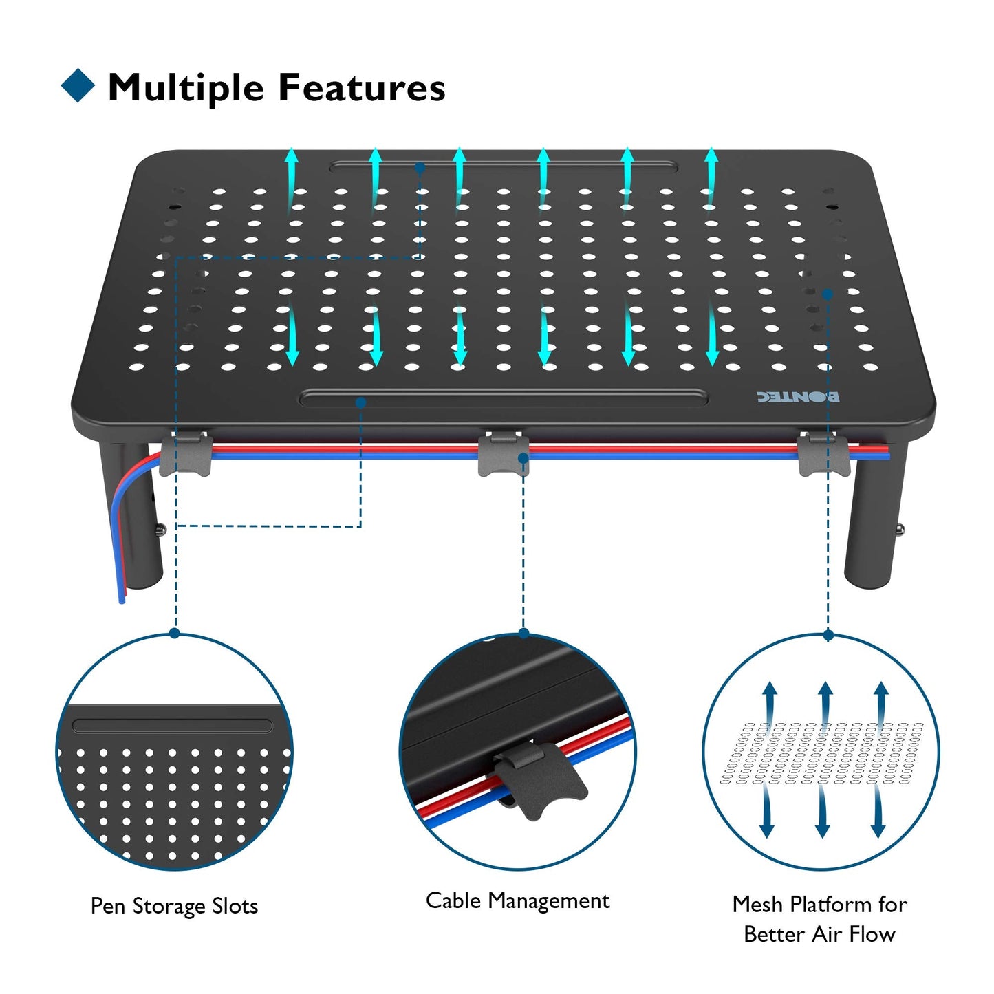 BONTEC Adjustable Monitor Riser for Desk, Ergonomic Metal Stand with 3 Height Levels (100/120/140mm), Mesh Surface for Airflow, Up to 20KG, Computer Stand, Cable Ties Included