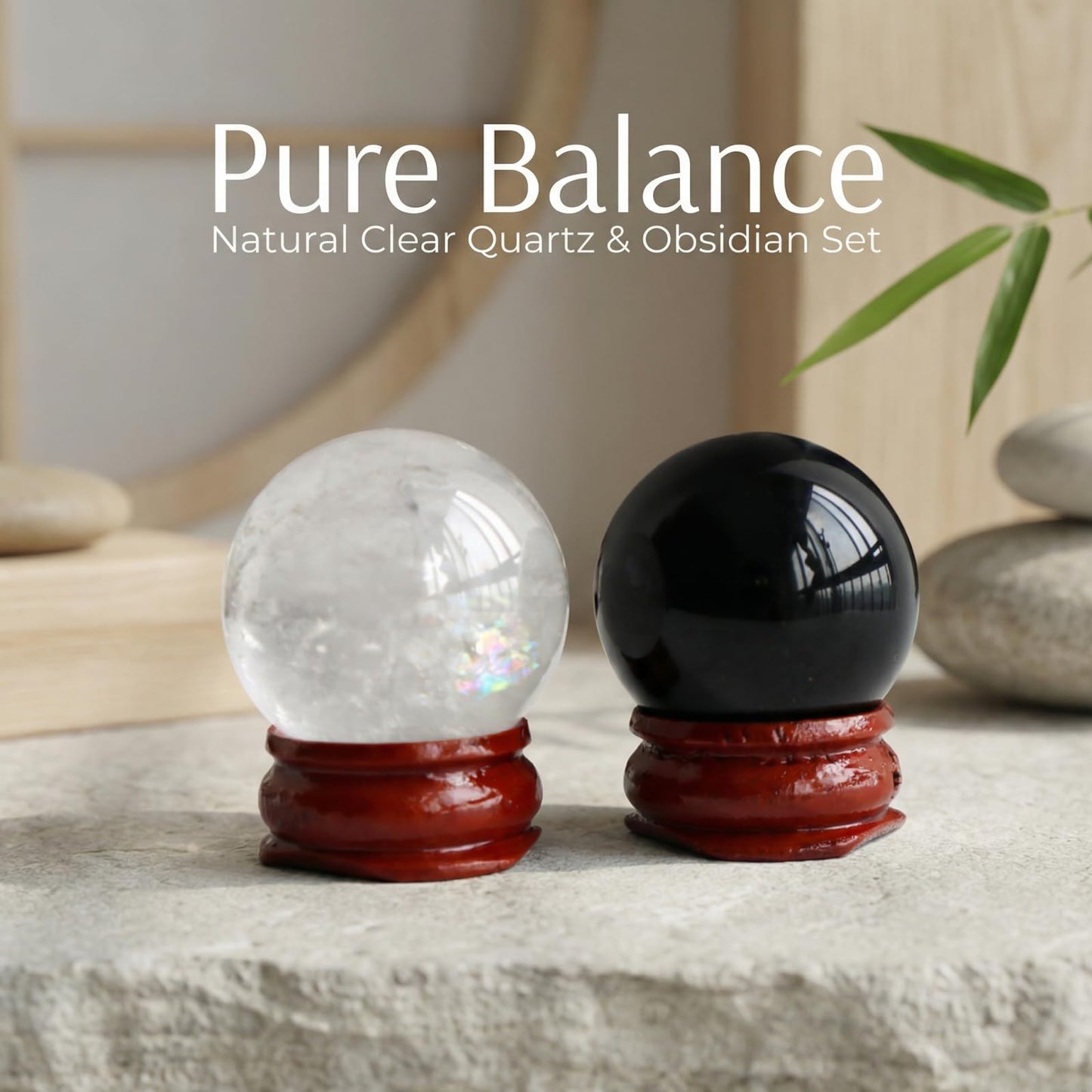 Natural Clear Crystal Ball Sphere with Red Wooden Stand Hand-Carved Quartz Gemstone Home Decor Office Desk Ornament Yoga Meditation Mindfulness Zen Decor Gift ((Clear Quartz+Obsidian) Gift Box Set)