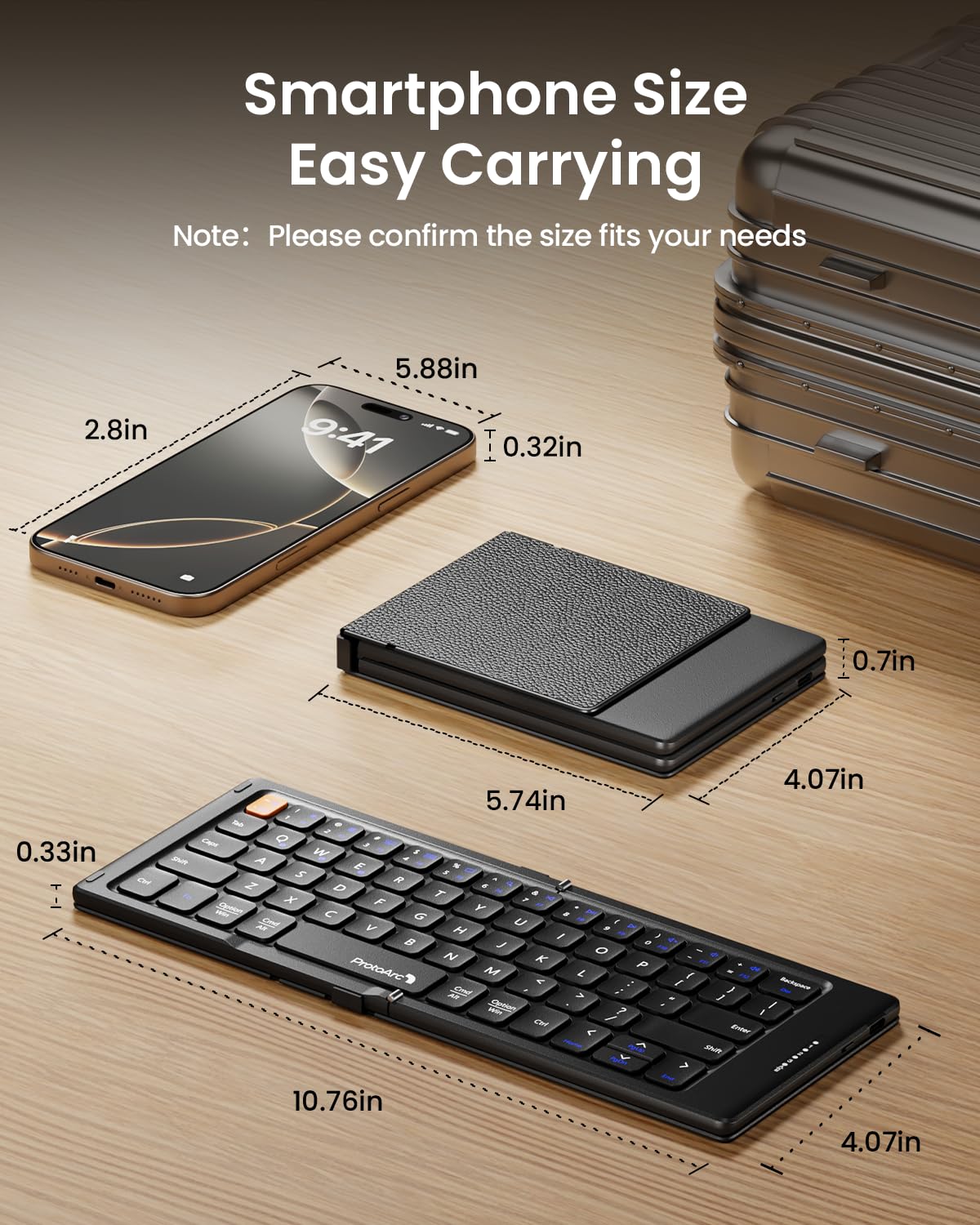 ProtoArc Foldable Compact Keyboard, XK04 Portable Bluetooth Keyboard with PU Leather Cover, Pocket-Sized Wireless Travel Keyboards for iPad, iPhone, Smartphone, Tablet and Laptop - Black