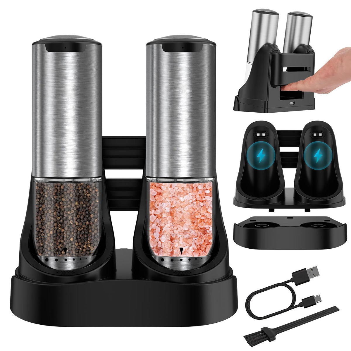 QTDHG Electric Salt and Pepper Grinder Set Type-C Fast Charging, Automatic Salt and Pepper Shakers Adjustable Coarseness, Stainless Steel Rechargeable Salt and Pepper Grinder with LED Light
