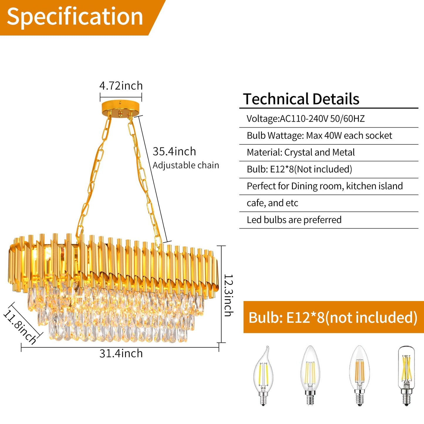 AKDXIRUN Modern Crystal Chandeliers for Dining Room 8-Light Rectangular Gold Crystal Chandelier Living Room Oval Contemporary Linear Pendant Light Fixture for Kitchen Island Bar Restaurant L32