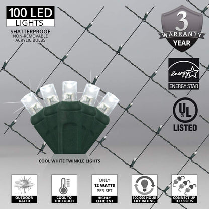 Wintergreen Lighting 100 5mm Cool White Twinkle LED Net Lights, 4 x 6 ft Green Wire Indoor/Outdoor Commercial Grade Holiday Hedge, Bush & Outdoor Christmas Décor