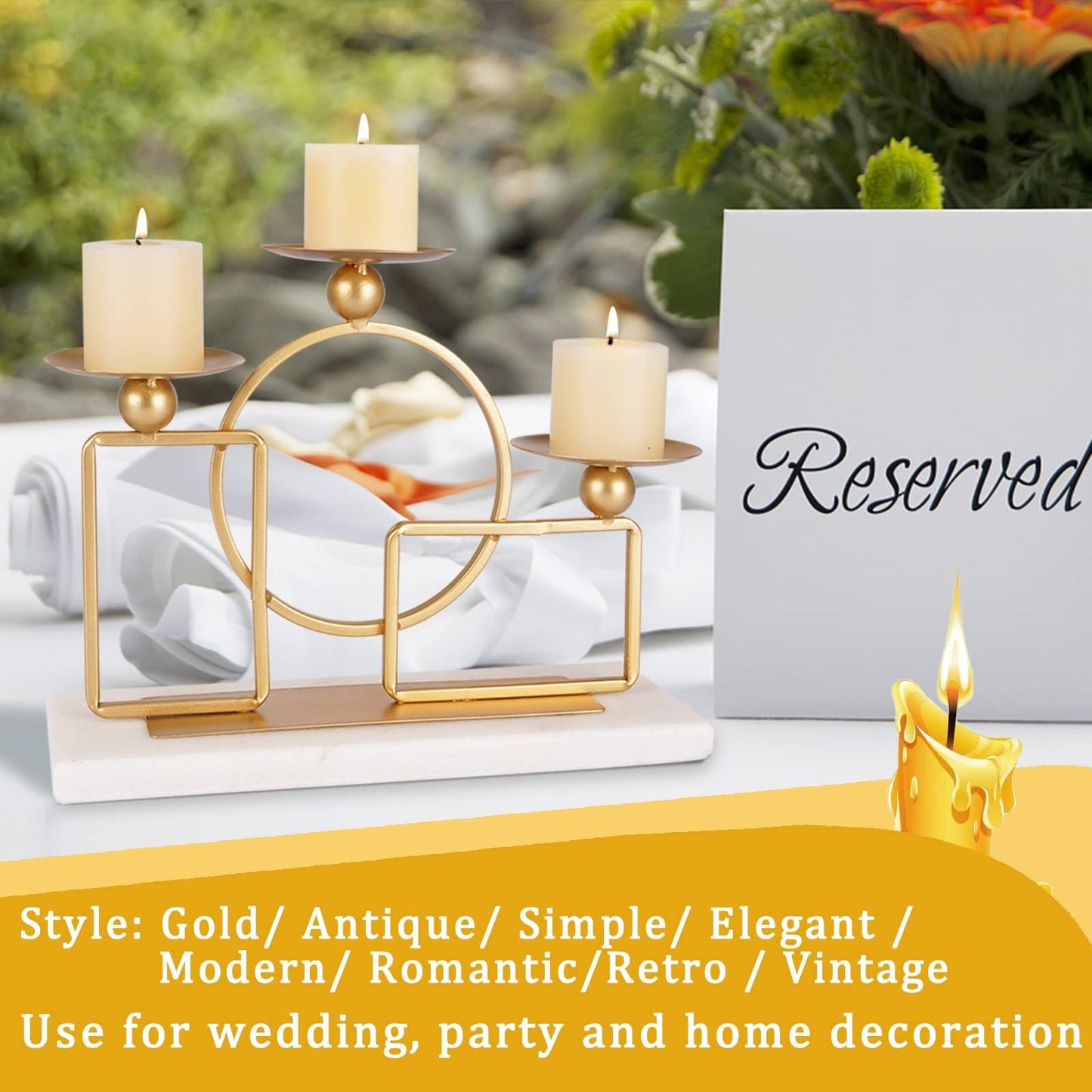 Gold Candle Holders for Pillar Candles with Marble Base 3 Arms Metal Candelabra Candle Holders Gold Home Decoration Elegant Candle Stand for Table Centerpieces,Fireplace,Anniversary