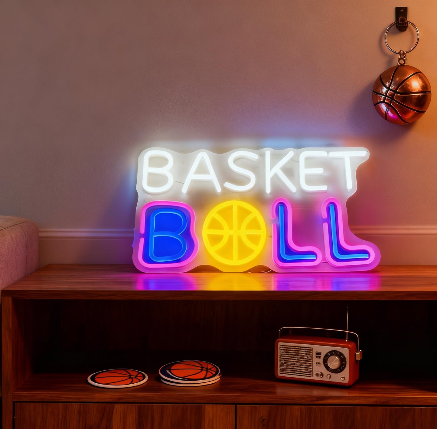 Basketball LED Neon Sign, Sports Theme Light Up Neon Sign, Teen Bedroom Game Room Home Wall Table Decor, Basketball Fan Birthday Party Gift, USB Powered Decorative Light 16.5 x 9.8 In
