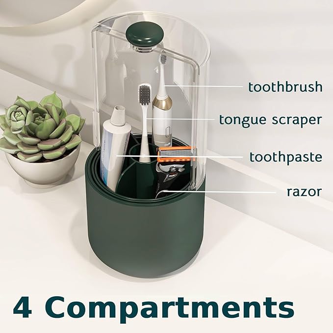 Toothbrush Holder with Cover 360 Rotating 4 Compartments Bathroom Toothpaste