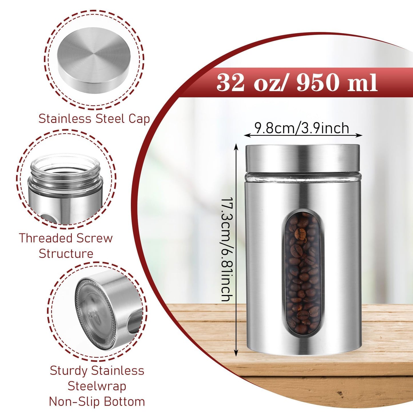 3 Pack Large Kitchen Canisters Set Airtight Coffee Sugar Tea Candy Storage Jars with Window Glass Stainless Steel Containers with Lids for Flour Cookies Spices Grains Kitchen Decorations(32oz)
