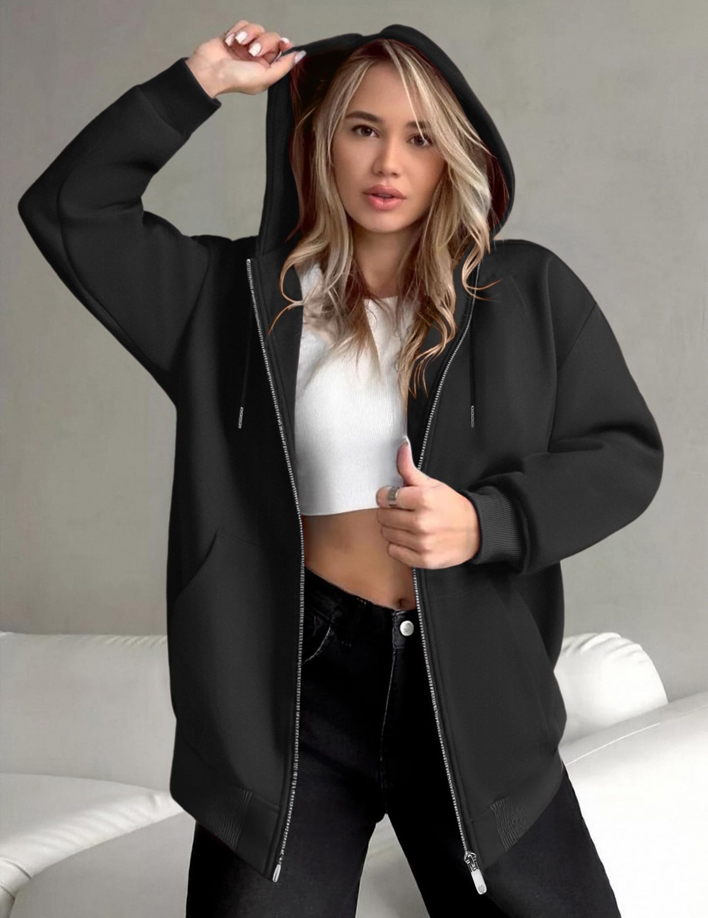 Zeagoo 2025 Hoodies Y2k Fashion Clothing Sweatshirt Women Zip Up Hoodie Fashion Oversized Sweatshirt Black