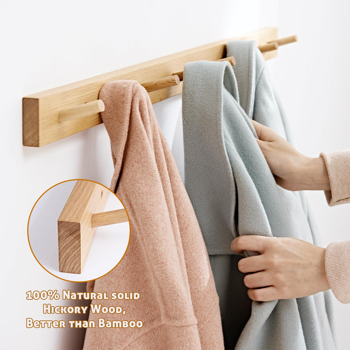 Wall Mounted Coat Rack 12 inches, Hickory Wood Wall Coat Hooks with 3 Hooks, Wooden Coat Hanger for Hanging Clothes Robes Towels Hats, Natural
