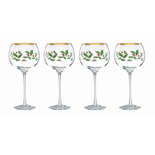 Lenox Drinkware, Holiday 4-Piece Wine Balloon Glass Set, Set Of 4, 16 Oz Capacity, Made From Glass, Festive Red Christmas Design, Hand Wash Only, Christmas Decorations, Winter Decor (4 Piece)