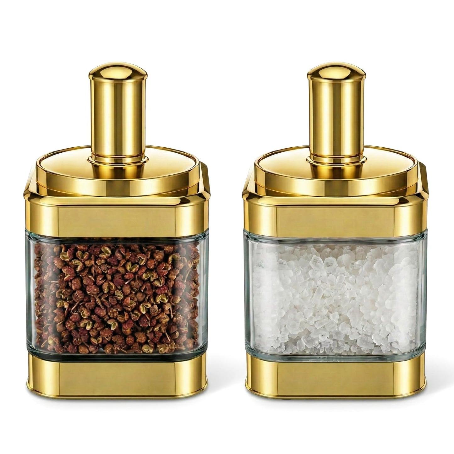 KongTiva 2 Pcs Glass Condiment Pot, Gold Spice Jars with Lids and Spoons Glass Condiment Containers Seasoning Pot Set Salt Box Sugar Dispenser for Kitchen Dining Room Counter Flour Sugar