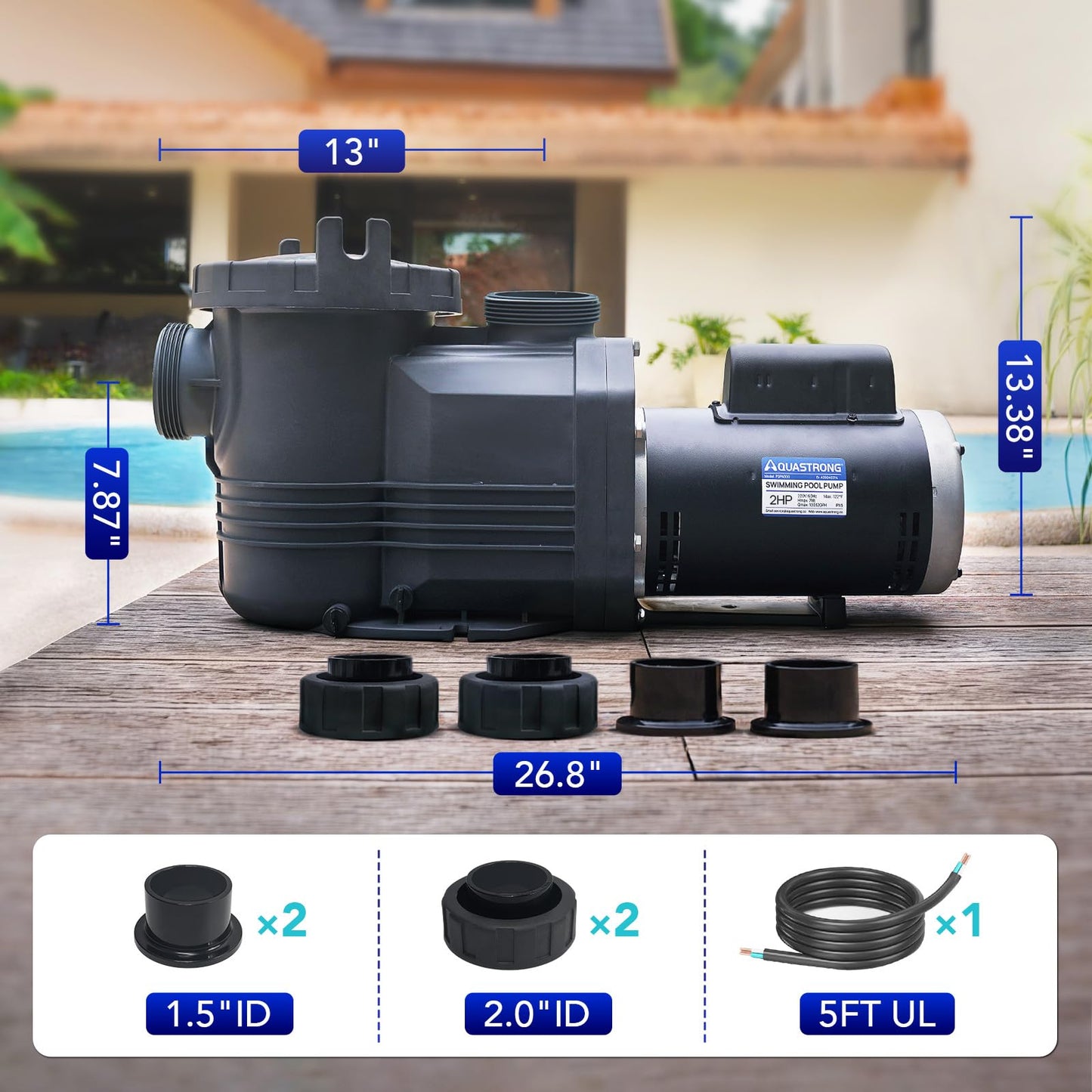 AQUASTRONG In/Above Ground Pool Pump Pure Copper Motor Energy Efficient High Flow Powerful Self Primming Swimming Pool Pumps with Filter Basket, Black