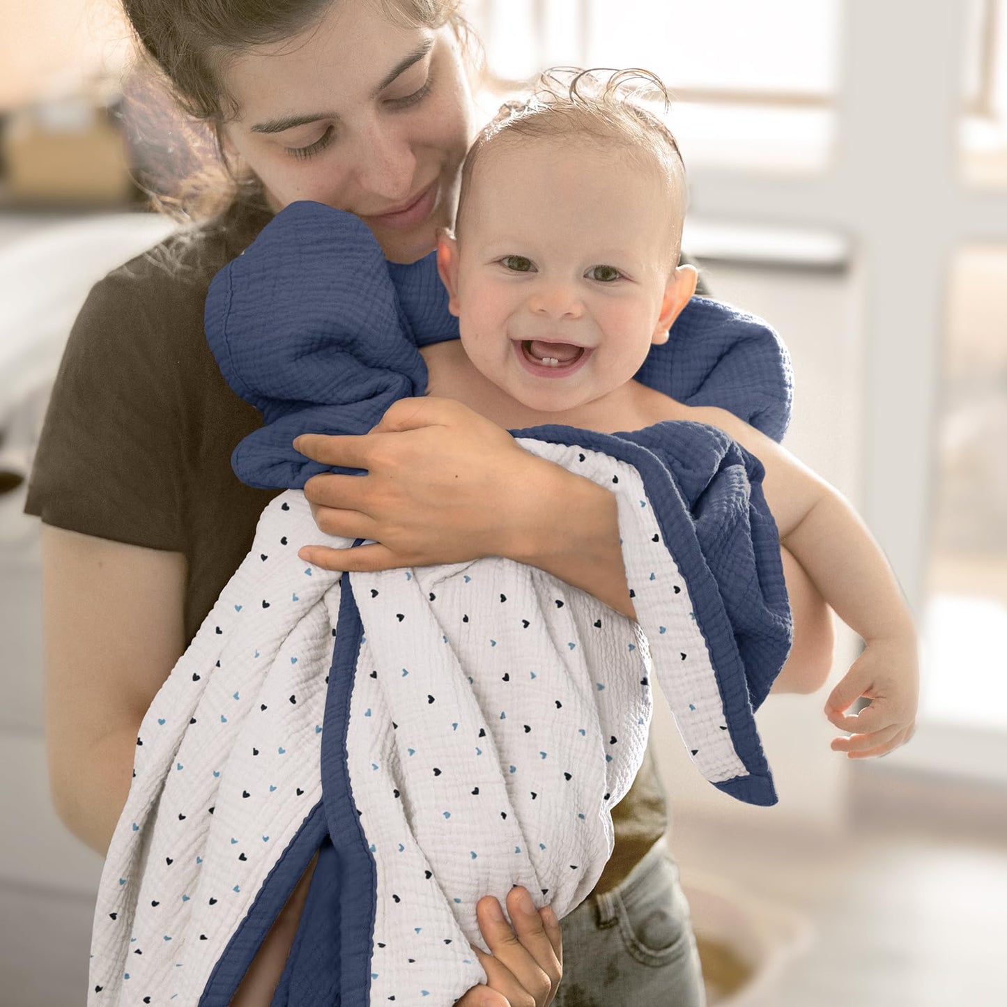 lulumoon Muslin Baby Blanket for Boys: Soft Cotton Toddler Blanket for Daycare - Reversible Lightweight Crib Bedding for Stroller & Travel 47"x47"(Blue)