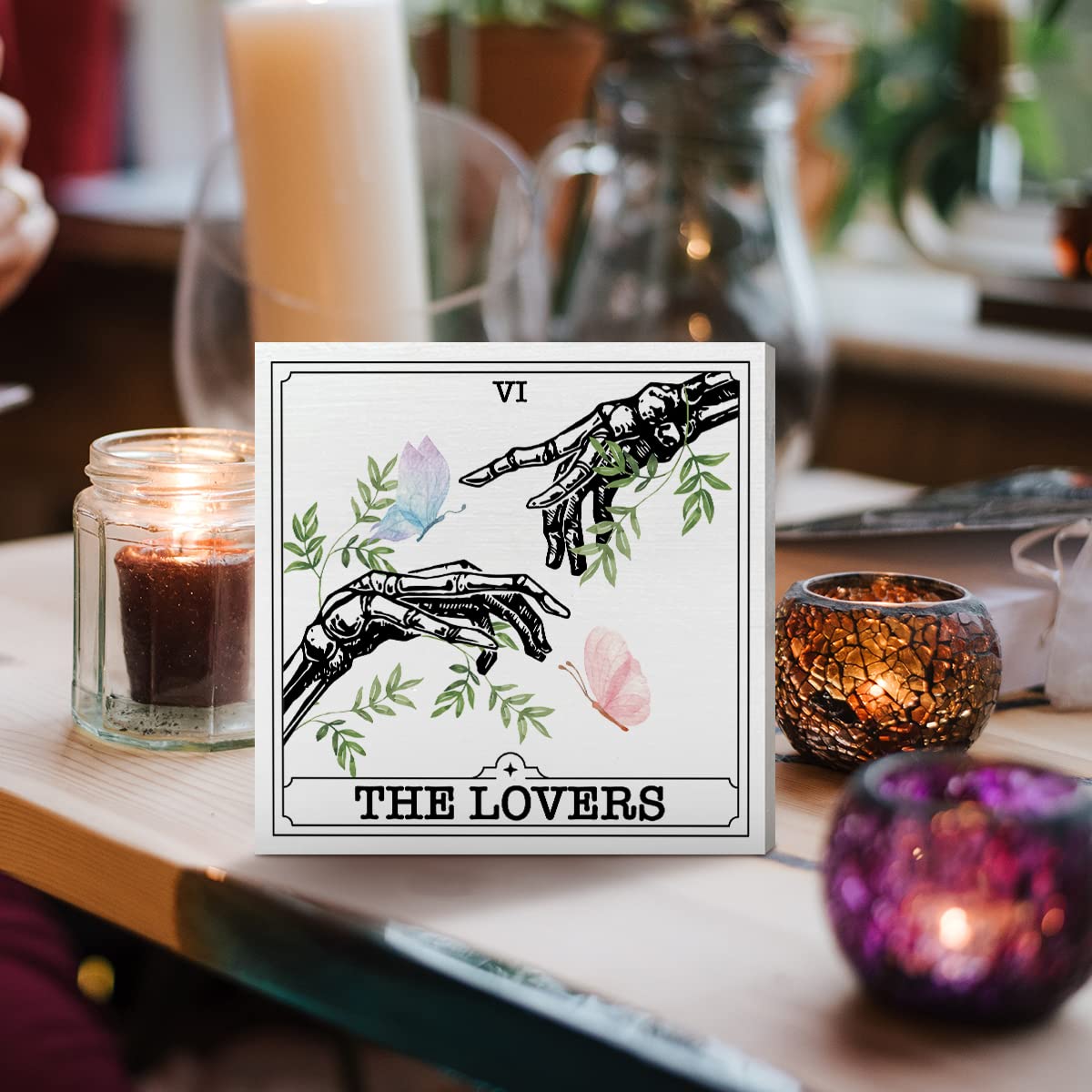 Witchy Tarot Desk Decor Wooden Box Sign, The Lovers, Boho Celestial Decor for Home, Bedroom, Living Room, Mystical Astrology Decoration, Gifts for Women, Teens, Friends, Girls
