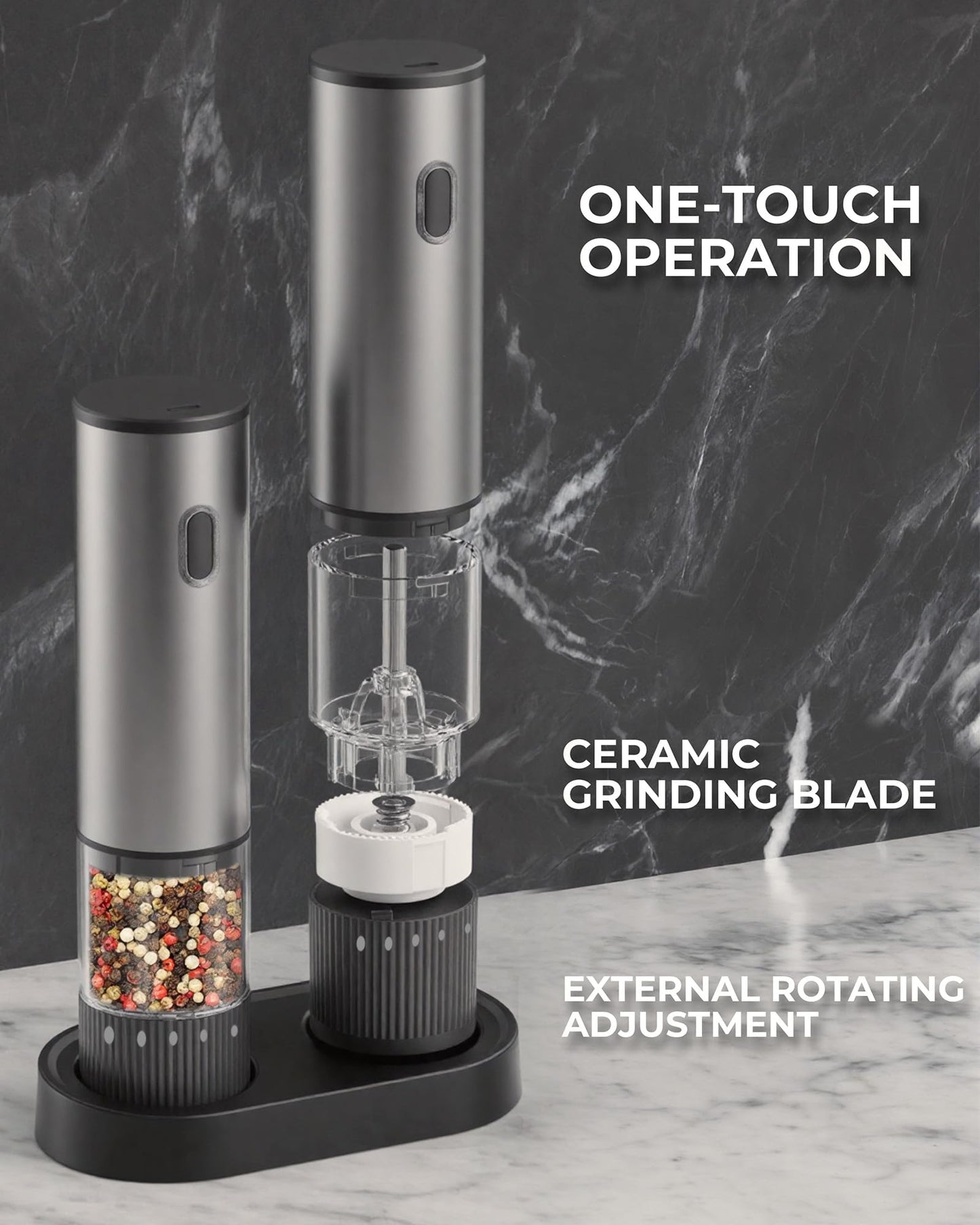 Electric Salt and Pepper Grinder Set, USB Rechargeable Salt and Pepper Shaker with LED Light, Stainless Steel Adjustable Automatic Pepper Mill for Kitchen, Dining