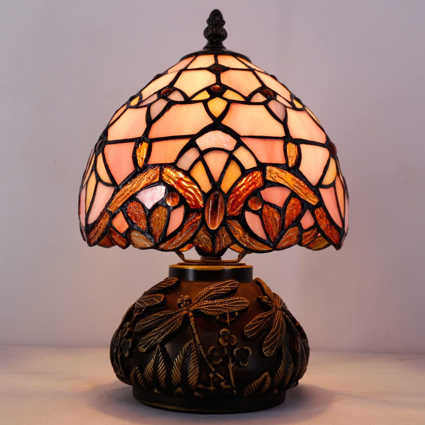 WERFACTORY Small Tiffany Lamp Desk Pink Stained Glass Baroque Mushroom Table Lamp Bronze Mini Accent Lamp W8H11 Inch S003P Series