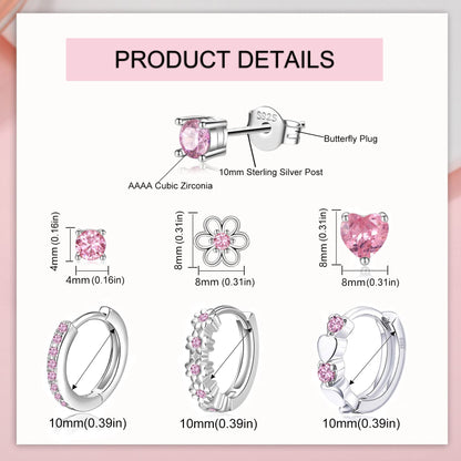 6 Pairs Huggie Hoop Earrings for Girls 925 Sterling Silver Stud Sets Cute Kids Heart Hoops Tiny Cubic Zirconia Flower Stud Small Hypoallergenic Cartilage Sleeper Earrings for Teen Toddler Childs Women